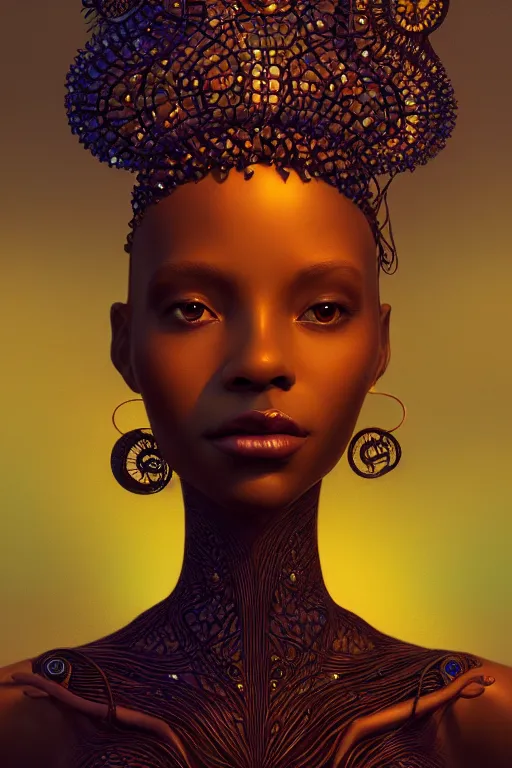 Prompt: Bioluminescent, portrait of beautiful black women , very intricate , trending on artstation , very elegant, in the golden hour by Daniel Merriam, Trending on Artstation, oil on Canvas by Elena Zhurikhina and Goro Fujita and Charlie Bowater, octane render, 4k, 8k, HD