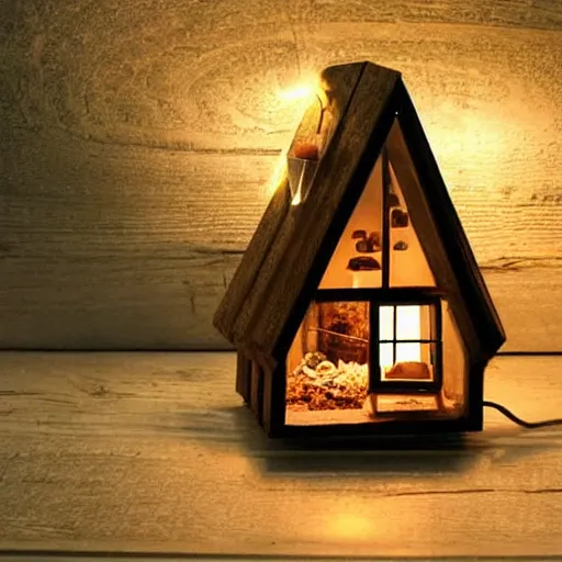 Image similar to a tiny wooden cottage with warm lights inside a terrarium bottle.