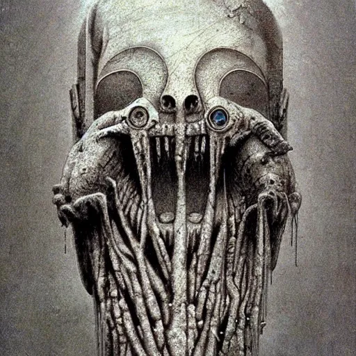 Prompt: ancient robot beksinski, eldritch, apocalypse, creepy creature, horror spooky