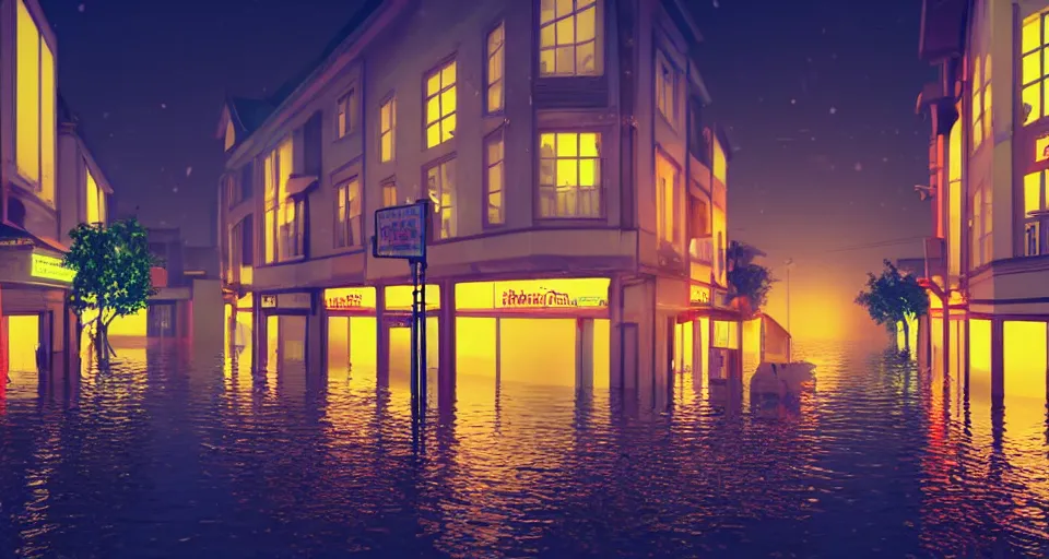 Image similar to a poignant 80s vaporwave outrun 3d Render of a german town being flooded at night, retro, nostalgic melancholy, grainy, noisy