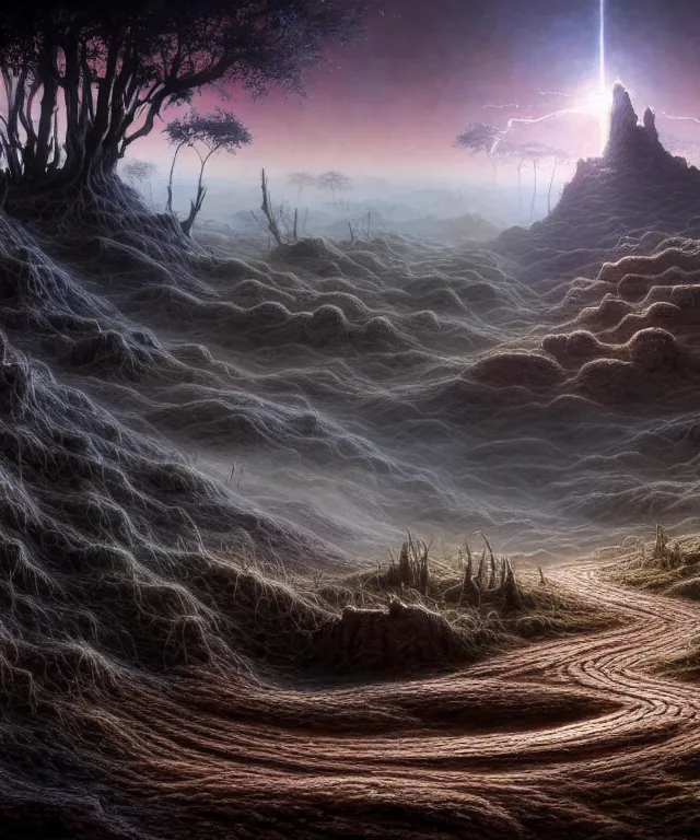 Prompt: hyperrealistic mixed media painting of a dirt trail across a fantasy landscape, stunning 3d render inspired art by P. Craig Russell and Barry Windsor-Smith + dim volumetric lighting, dizzy, full body, 8k octane beautifully detailed render, post-processing, extremely hyperdetailed, intricate, epic composition, grim yet sparkling atmosphere, cinematic lighting + masterpiece, trending on artstation, very very detailed, masterpiece, stunning