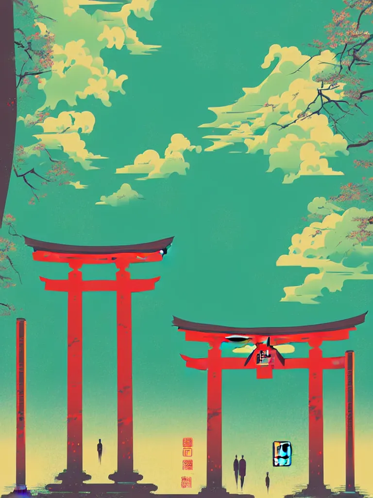 Image similar to a travel to japan poster illustration depicting a japanese torii gate, vintage style, detailed illustration, digital painting, vector art, trending on artstration, by anton fadeev, by alena aenami