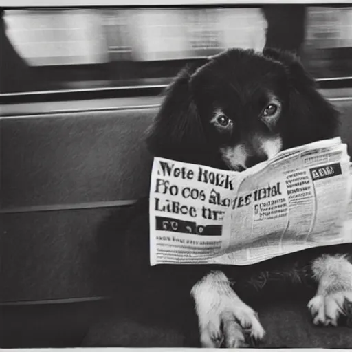 Prompt: a dog reading the newspaper on a subway train in new york, 1 9 7 0 colour photography