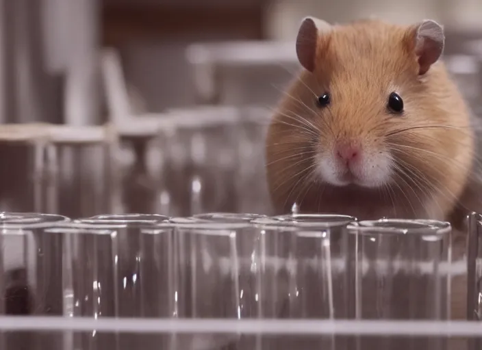 Image similar to film still of a hamster working in a research lab filling test tubes, 8 k