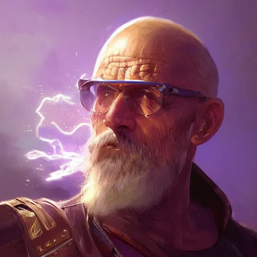 Image similar to an old male warrior with a VR headset, golden light, purple water, highly detailed, digital painting, artstation, concept art, smooth, sharp focus, illustration, art by artgerm and greg rutkowski and alphonse mucha