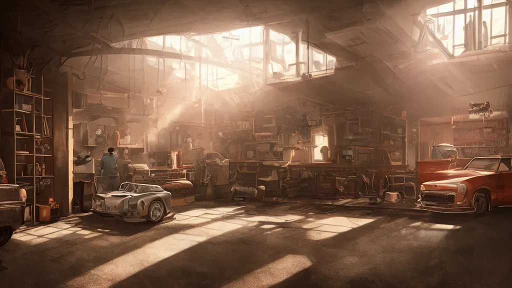 Prompt: a photorealistic hyperrealistic render of an interior of a beautiful cozy garage repair shop by pixar, greg rutkowski, wlop, artgerm, dramatic moody sunset lighting, long shadows, volumetric, cinematic atmosphere, octane render, artstation, 8 k