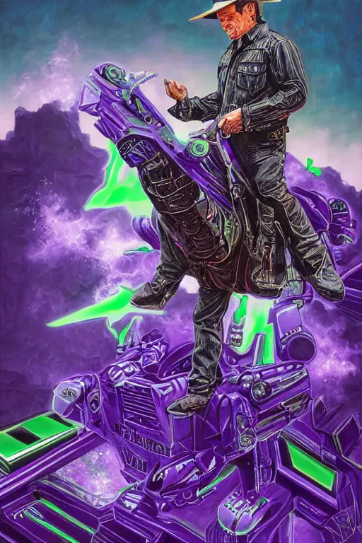 Image similar to portrait of cowboy johnny cash as purple green optimus prime from transformers riding on guitar zord ufo hoverboard, intricate, highly detailed, smooth, artstation, digital illustration by Lisa Frank and Ruan Jia and Mandy Jurgens and Artgerm and Wayne Barlowe and Greg Rutkowski and Zdislav Beksinski