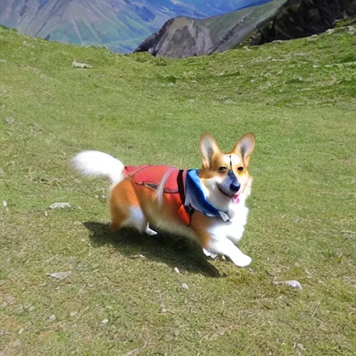 Prompt: corgi backpacking through the mountains, cute, photorealism, action shot