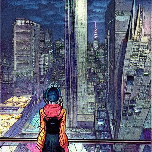 Prompt: “ a girl on a ledge overlooking futuristic new york city, ghostpunk, dark rain clouds, extreme detail, by moebius ”