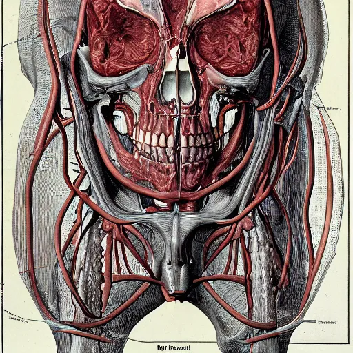 Image similar to a medical illustration of the human artery system, dissected human torso and skull, medical, simple but detailed, in style of da vinci, moebius and mucha