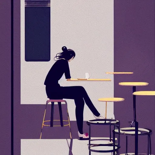 Prompt: woman sitting in a cafe in China, artwork by guweiz