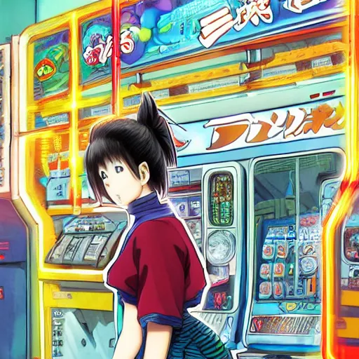 Prompt: manga, realistic lighting, matte colors, made by toriyama akira, front portrait of a girl, jpop clothing, sneaker shoes, arcade cabinet in background