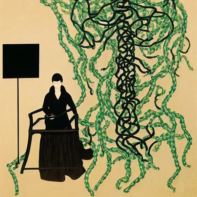 Prompt: a female pathology student in her apartment, wrapped in vines, medical equipment, zen, stepping stones, octopus, pig, black walls, ikebana, black armchair, sculpture, acrylic on canvas, surrealist, by magritte and monet