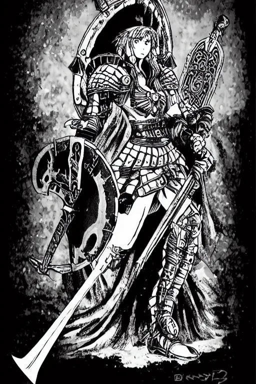 Prompt: A beautiful female warrior with a sword and shield overlooking a grand battlefield in the style of berserker by Kentaro Miura, manga, black ink,