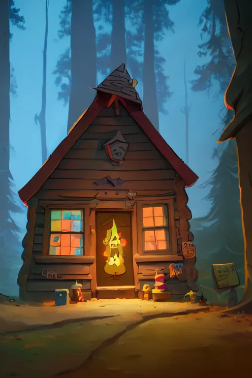 Prompt: gravity falls mystery shack in pixar cartoon movie, ominous artifact shop on arabian market background, volumetric lighting, soft lighting, soft details, octane render, HDR, trending on artstation, 4k, 8k, HD