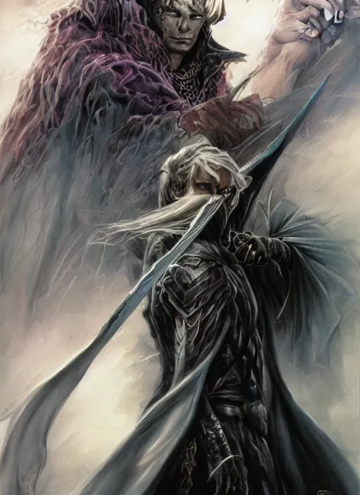 Image similar to a fantasy comic book style portrait of drizzt do'urden, oil painting by boris vallejo and julie bell and luis royo, full body portrait, hyper realistic, hd, intricate, elegant, character design, concept art, cinematic lighting