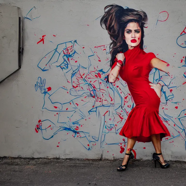 Image similar to Street-art mid-short portrait of Salma Hayek wearing red dress in style of Etam Cru, photorealism, Sony a7R