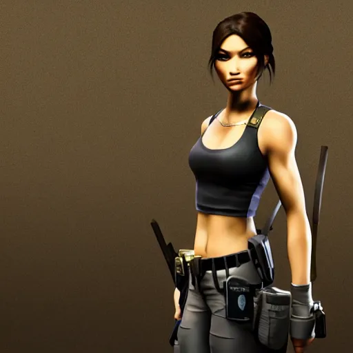 Prompt: lara croft in handcuffs, police station interior,