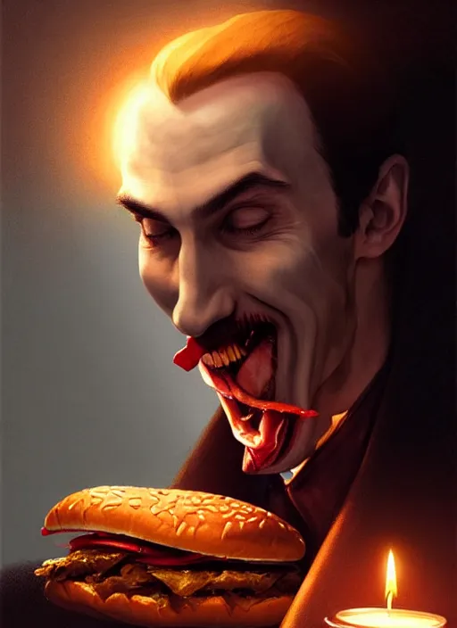 Prompt: portrait of dracula eating a hamburger while reclining, intricate, elegant, glowing candle lights, highly detailed, digital painting, artstation, concept art, smooth, sharp focus, illustration, art by wlop, mars ravelo and greg rutkowski