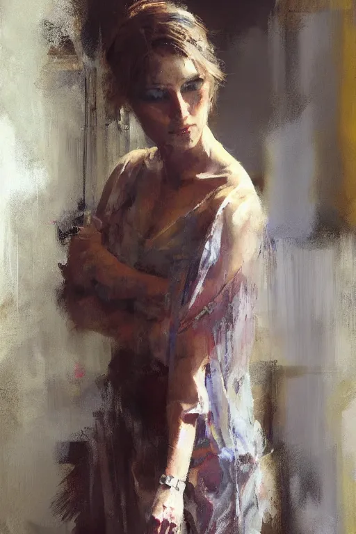 Prompt: painting of a beautiful woman with arms crossed clothed in loose dress by Jeremy Mann, stylized, detailed, soft colors, loose brush strokes
