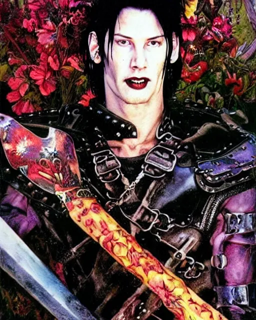 Image similar to portrait of a skinny punk goth keanu reeves wearing armor by simon bisley, john blance, frank frazetta, fantasy, thief warrior, colorful flowers floral