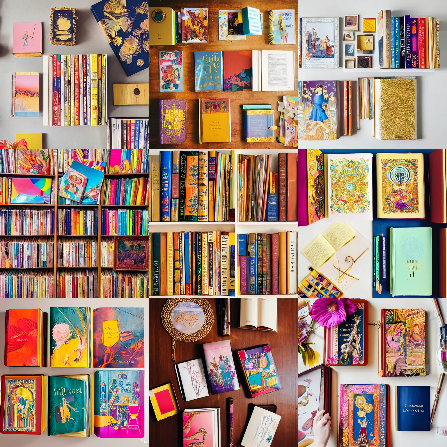 Prompt: flatlay golden book collection, vivid colors, dramatic lighting