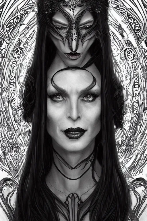 Image similar to ultra realistic illustration, claudia black as morticia addams from baldurs gate and diablo, intricate, elegant, highly detailed, digital painting, artstation, concept art, smooth, sharp focus, illustration, art by artgerm and greg rutkowski and alphonse mucha