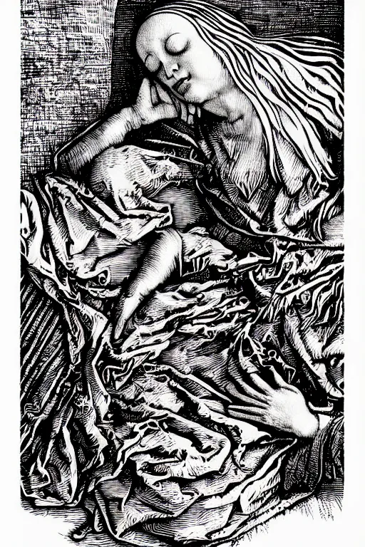 Prompt: sleeping beauty, art by james o barr and albrecht durer, surreal woodcut engraving, black and white, vector, vector art