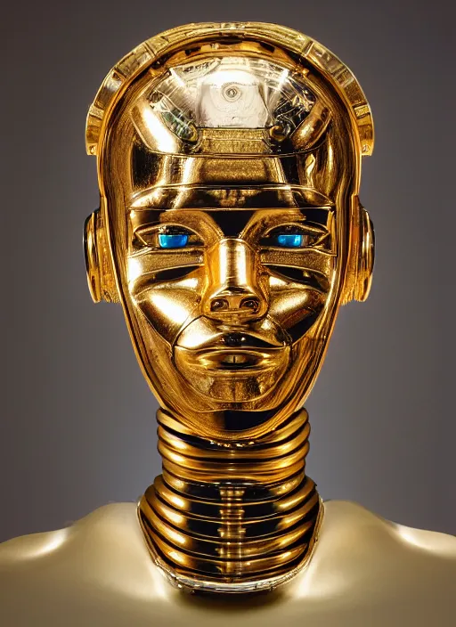 Image similar to a portrait photograph of a robot head designed by Kehinde Wiley, 35mm, pentax, studio