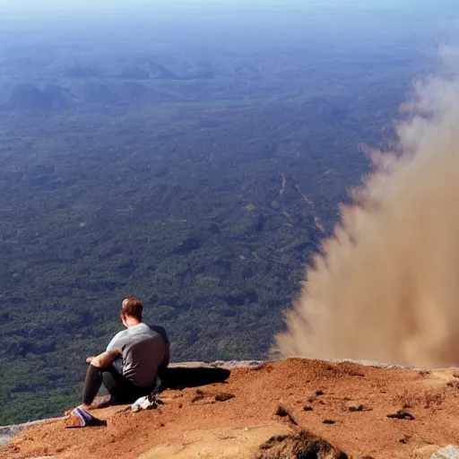 Image similar to man sitting on top peak mountain cliff looking at huge sand tornado