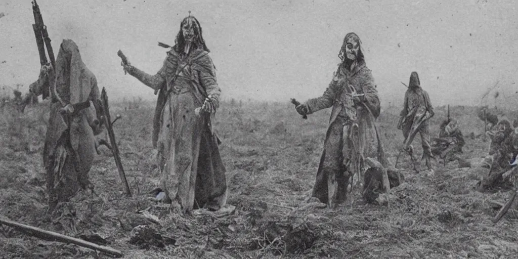 Image similar to scary unproportionable tall ghost creature in the middle of a battlefield, 1900s picture