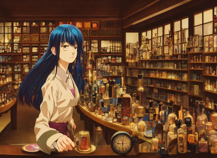 Prompt: lomography, anime, portrait of a young woman in a alchemist's potion shop interior shopping, glowing, haruhiko mikimoto, hisashi eguchi, lodoss, dynamic pose and perspective, dramatic lighting, detailed facial features, rounded eyes, sharpened image, yoshinari yoh