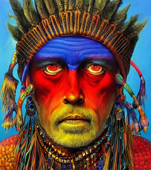 Image similar to Portrait painting in a style of Beksinski mixed with Alex Grey of an old shaman dressed in a colorful traditional clothes.