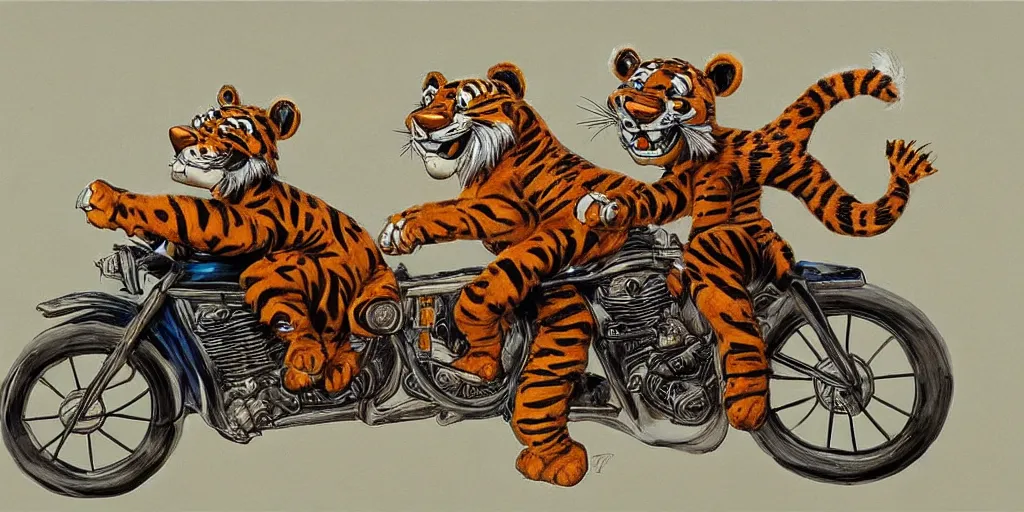 Image similar to tony the tiger riding a motorcycle, highly detailed fur, painted by salidor dali