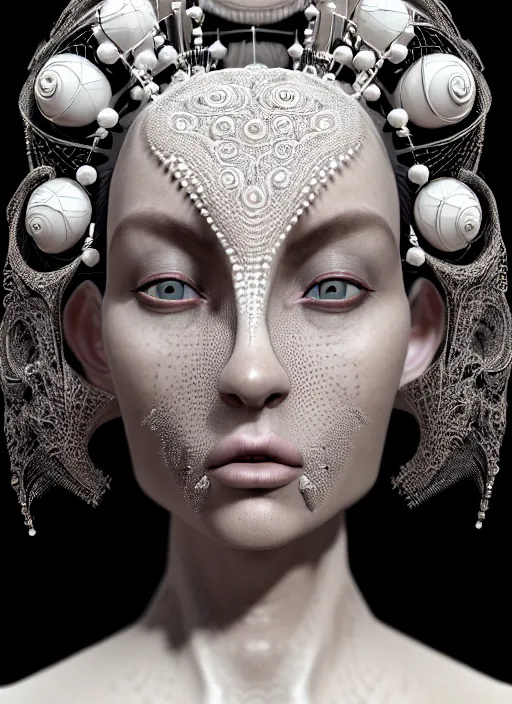 Prompt: portrait of an absurdly beautiful, graceful, sophisticated, fashionable futuristic woman, facial piercings, heavy body modification, hyperdetailed illustration by irakli nadar and alexandre ferra, intricate linework, white porcelain skin, faberge, intricate chrome headdress, dark atmosphere, unreal engine 5 highly rendered, global illumination, radiant light, detailed and intricate environment