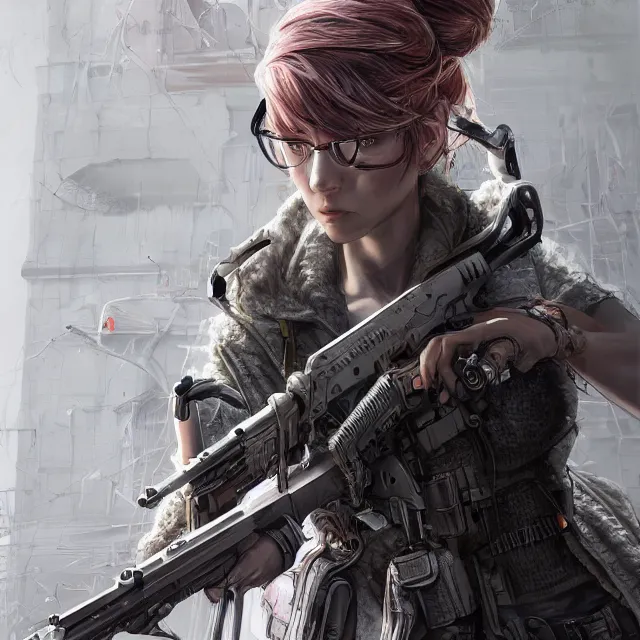 Prompt: the portrait of lawful neutral female cyberpunk infantry sniper as absurdly beautiful, gorgeous, elegant, young woman looking up, an ultrafine hyperdetailed illustration by kim jung gi, irakli nadar, intricate linework, bright colors, octopath traveler, final fantasy, unreal engine 5 highly rendered, global illumination, radiant light, detailed and intricate environment