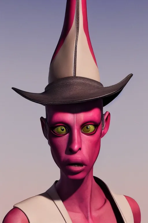 Image similar to balenciaga campaign featuring jar jar binks as a female cowgirl, long eyeslashes, huge juicy lips, big seductive eyes, unprocessed colors, # nofilter, realistic vfx simulation