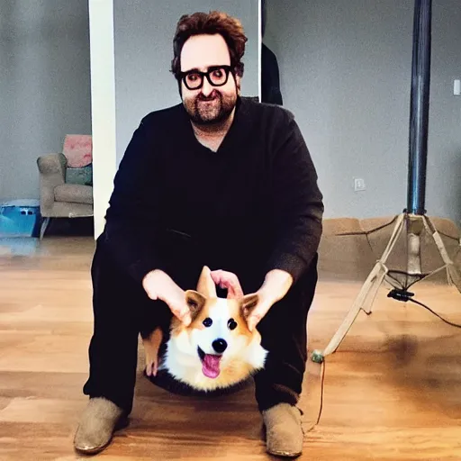 Image similar to Eric Wareheim with a corgi, hyperrealistic, RPG portrait, ambient light, dynamic lighting, golden hour