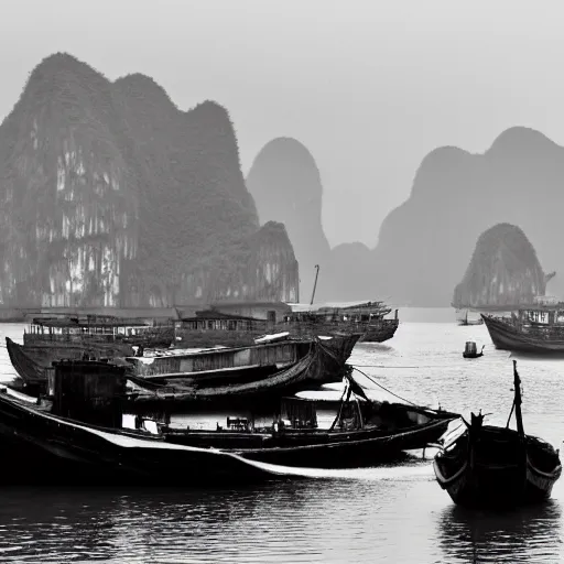 Image similar to old black and white photo of the Junk boats of Halong bay, ancient artifact, foggy, surreal, photorealistic