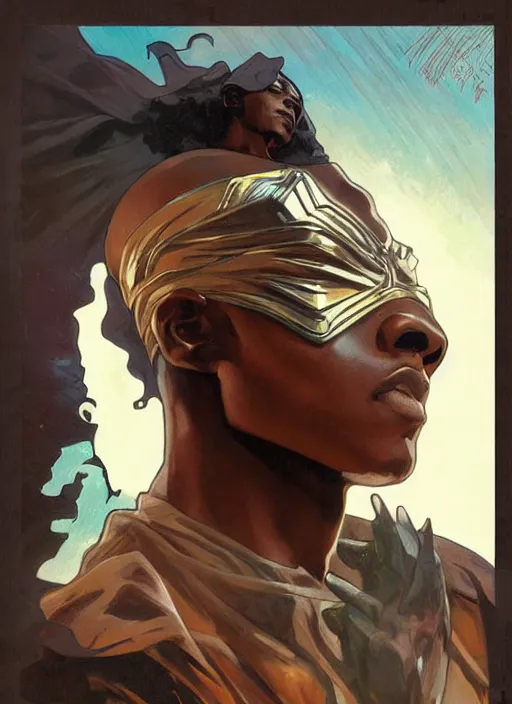 Image similar to young african man. is dressed as a superhero. clean elegant painting, beautiful detailed face. by artgerm and greg rutkowski and alphonse mucha