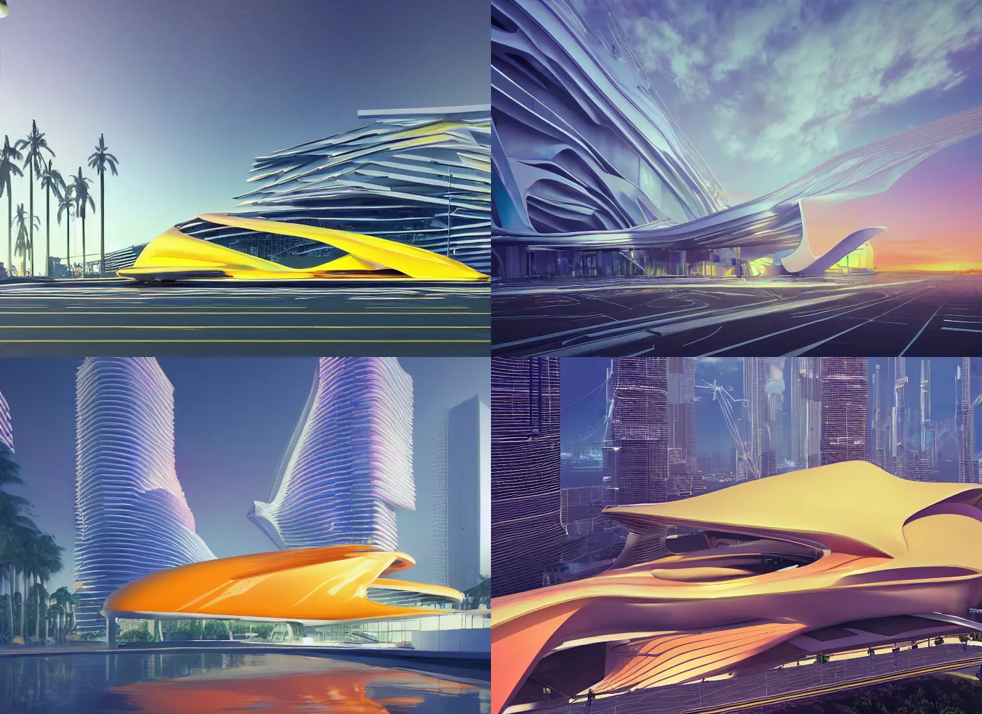 Prompt: a beautiful hyper realistic photograph, octane render of architectural of synthwave, by norman foster + zaha hadid, extremely detailed, chartpak ad markers, pastel color, yellow and orange color scheme, 8 k,
