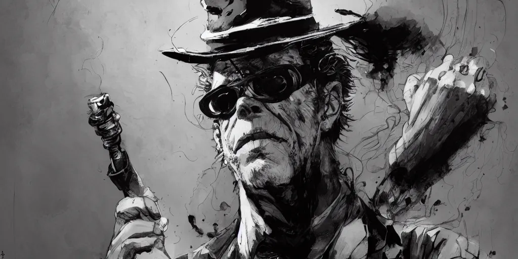 Prompt: Tom Waits as noir Hellboy design, kim jung gi, Greg Rutkowski, Darek Zabrocki, Karlkka, Jayison Devadas, Phuoc Quan, trending on Artstation, 8K, ultra wide angle, pincushion lens effect