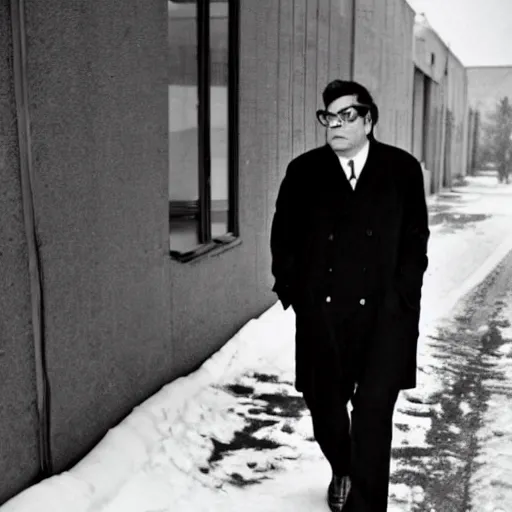 Prompt: Morton Feldman wearing a powersuit while walking through the suburbs in the winter