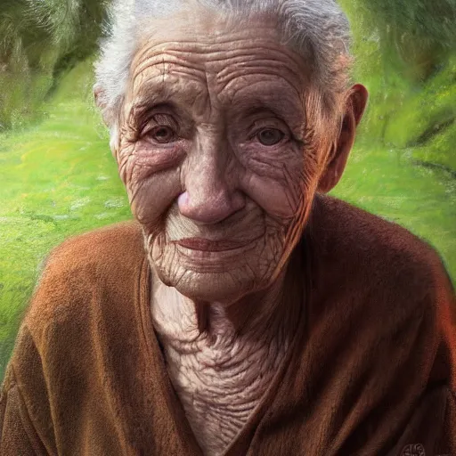 Prompt: portrait painting of the oldest person ever, garden, photorealistic, extreme detail, sharp focus, 8 k, intricate, hyper detailed, realistic, cinematic lighting