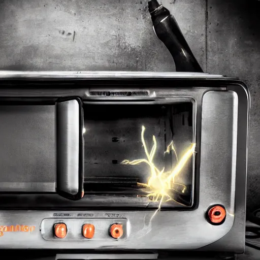 Image similar to cyborg toaster oven repairman, dark messy smoke - filled cluttered workshop, dark, dramatic lighting, orange tint, sparks, plasma rays, cinematic, highly detailed, sci - fi, futuristic, movie still, rule of thirds composition