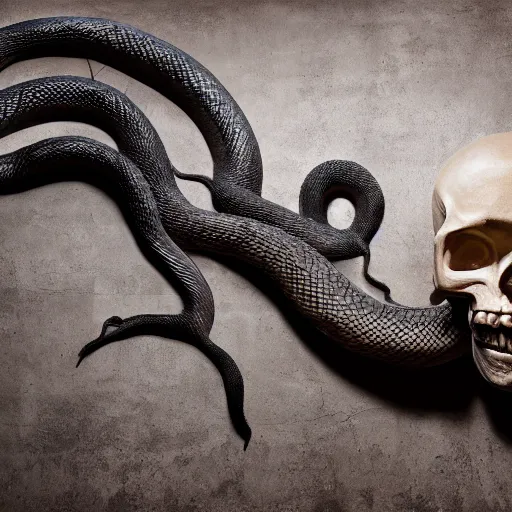 Image similar to giant and oversized coiled snake with a metallic skull as the head, room interior, dark fantasy, XF IQ4, f/1.4, ISO 200, 1/160s, 8K, RAW, unedited, symmetrical balance, in-frame