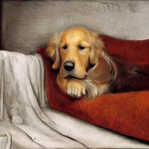 Prompt: a golden retriever sleeps in a couch by Rembrandt l, outpainting