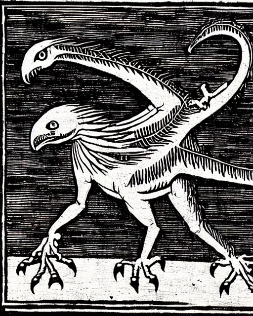 Image similar to b & w woodcut of a velociraptor from the nuremberg chronicle, 1 4 9 3, restored, hq scan