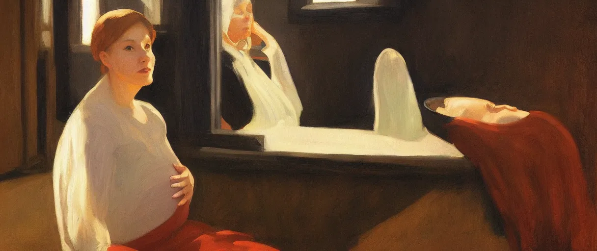 Image similar to a pregnant witch portrait, by edward hopper, new artstation artist,