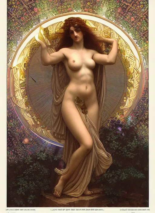 Prompt: aphrodite in paradiso. sacred geometry. clouds. sun rays. bliss. enlightenment. ascension. gustave dore. dappled light. cinematic lighting. in the art style of mucha